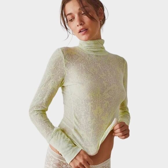 Free People XS-M Lt Green Intimately “You and I” Floral Turtleneck Thermal Top - Picture 1 of 6